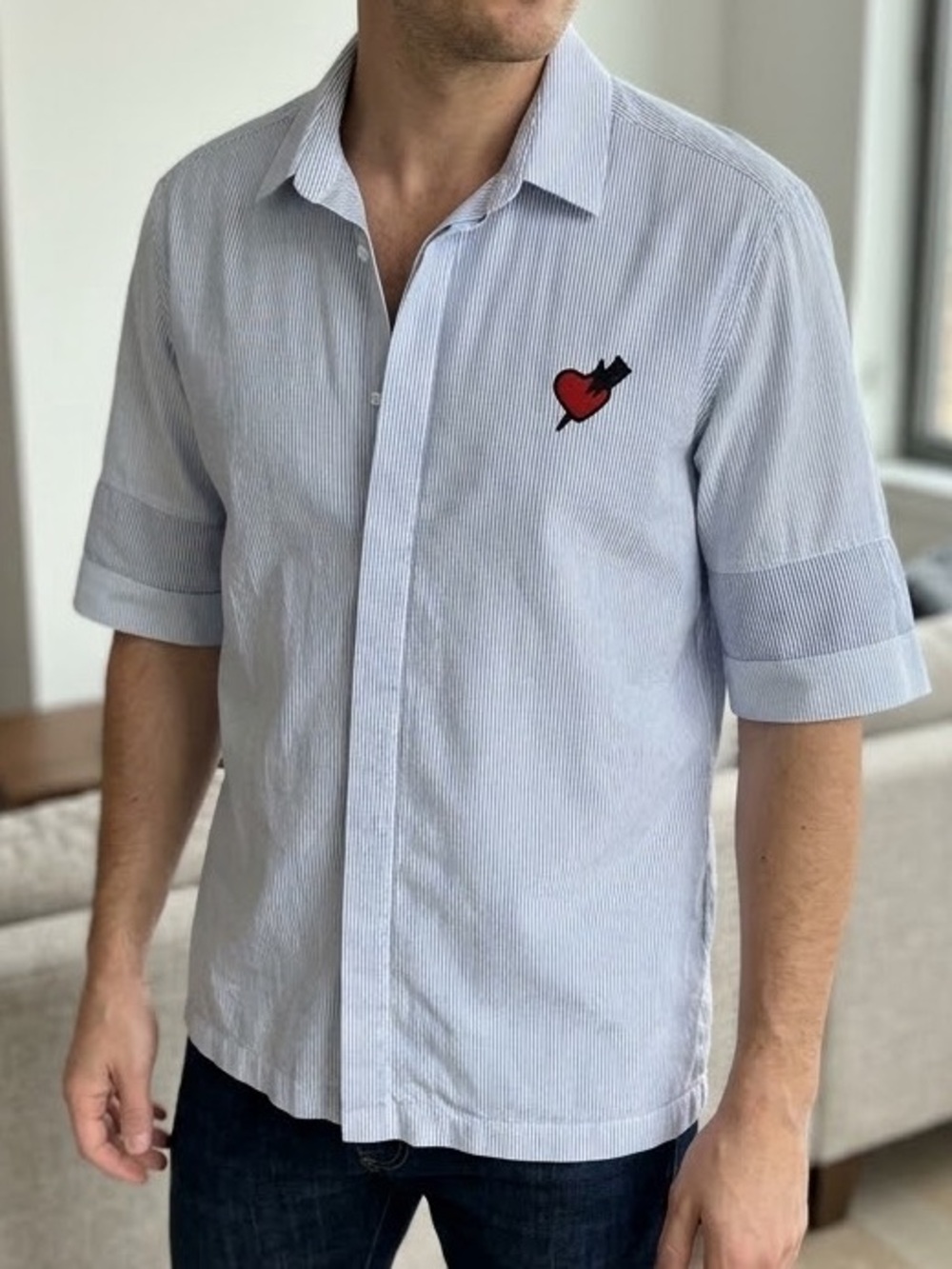 Neil Barrett Short Sleeve Striped Straight Fit Pierced Heart Patch Shirt Size L